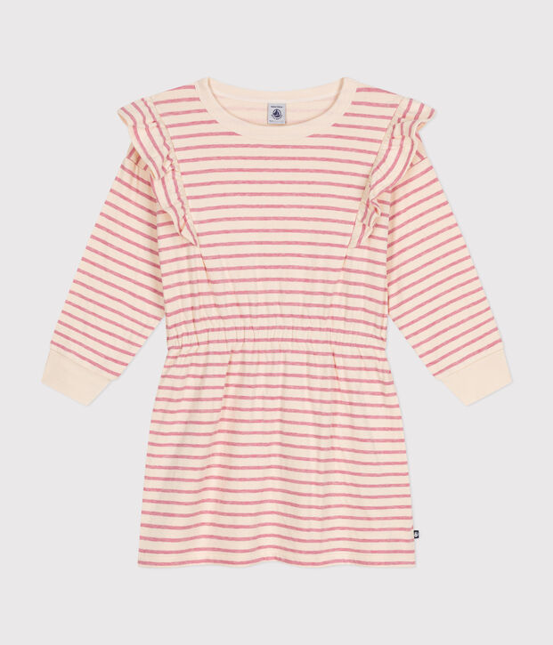 Robe manches longues en tubique enfant fille &eacute;cru/rose