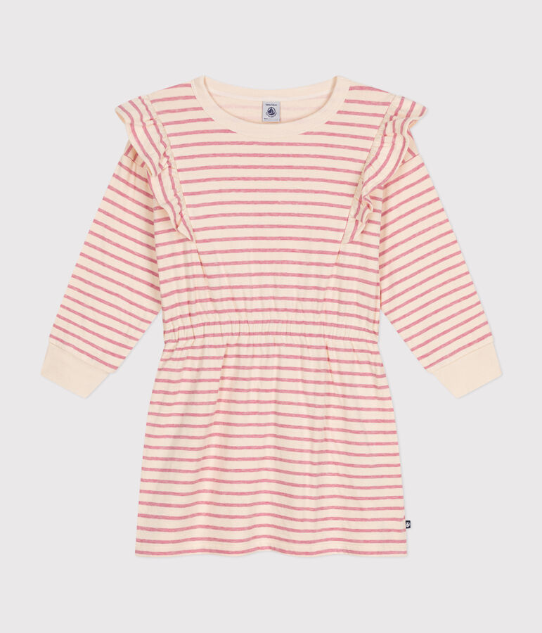 Robe manches longues en tubique enfant fille &eacute;cru/rose