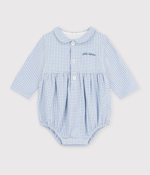 Combinaison courte b&eacute;b&eacute; en coton, &agrave; col imprim&eacute; vichy bleu/blanc