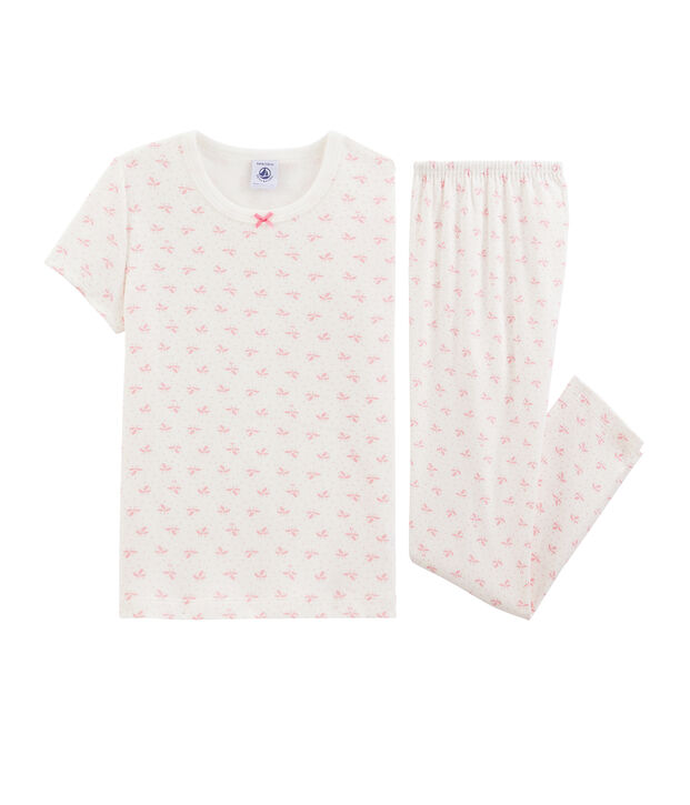 Pyjama fleurs petite fille en c&ocirc;te blanc/rose