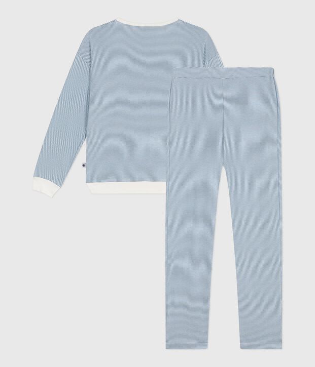 Pyjama femme en coton &agrave; rayures bleu/blanc