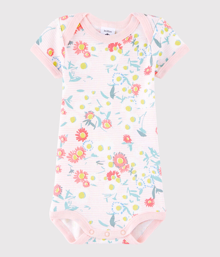 Body manches courtes b&eacute;b&eacute; fille blanc MARSHMALLOW/rose MINOIS