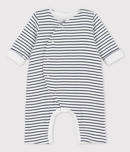 Combinaison longue rayée marinière en coton bio bébé blanc MARSHMALLOW/bleu SMOKING
