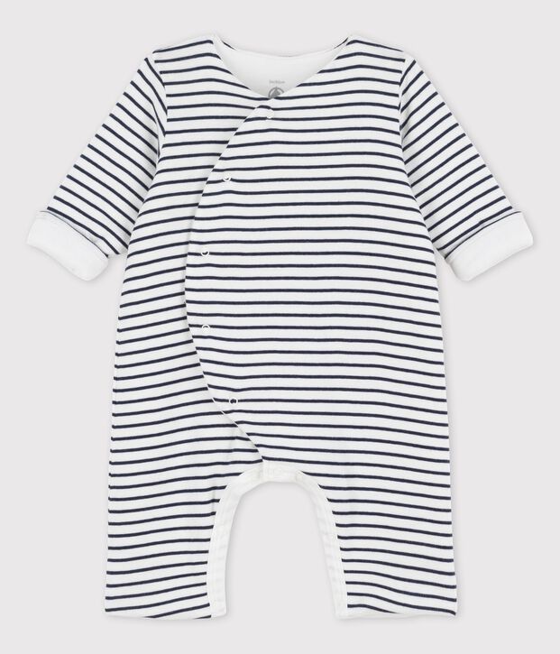 Combinaison longue ray&eacute;e marini&egrave;re en coton bio b&eacute;b&eacute; blanc/bleu