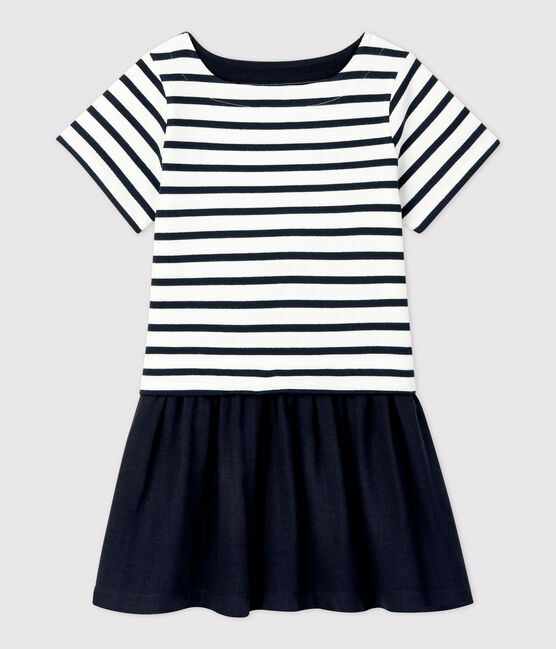 Robe en jersey et gaze de coton bio enfant fille blanc MARSHMALLOW/bleu SMOKING