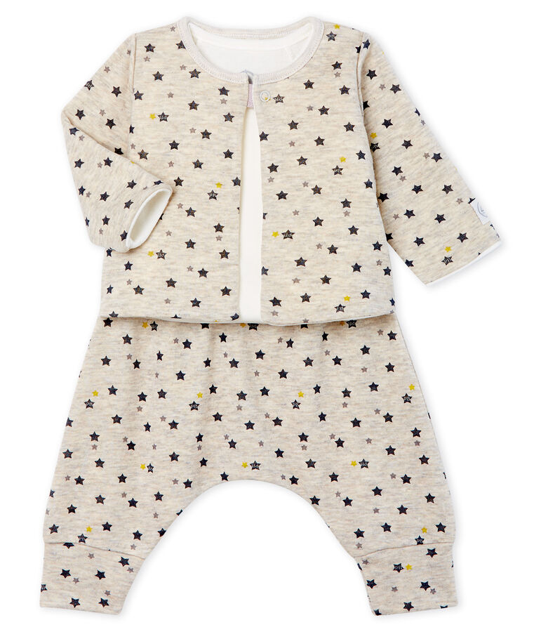 Ensemble trois pi&egrave;ces b&eacute;b&eacute; gar&ccedil;on en laine et coton beige/multicouleur