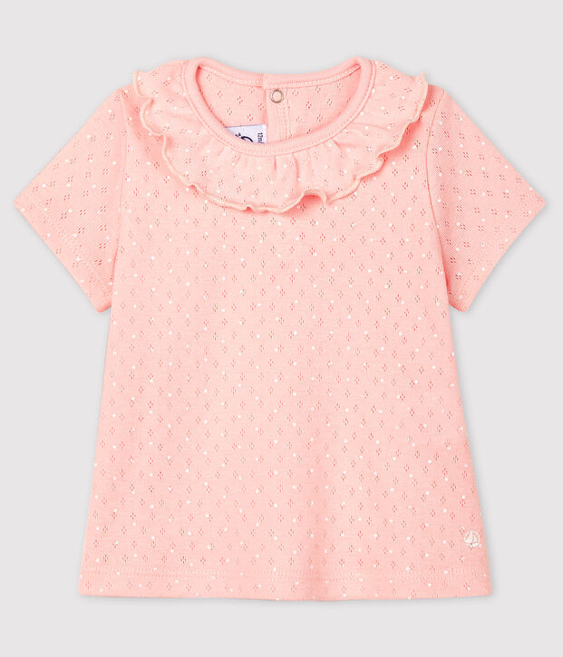 Blouse ajour&eacute;e manches courtes en coton b&eacute;b&eacute; fille rose/blanc