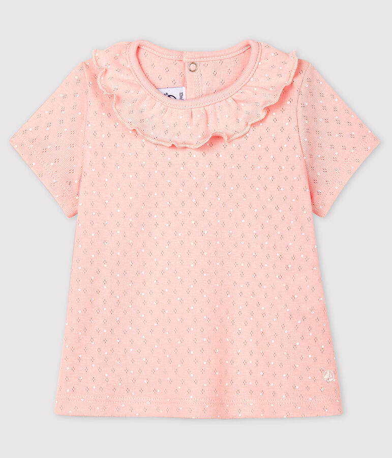 Blouse ajour&eacute;e manches courtes en coton b&eacute;b&eacute; fille rose MINOIS/blanc ECUME