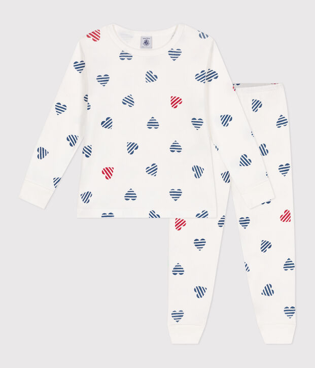 Pyjama enfant en coton manches longues imprim&eacute; c&oelig;urs blanc/multicouleur