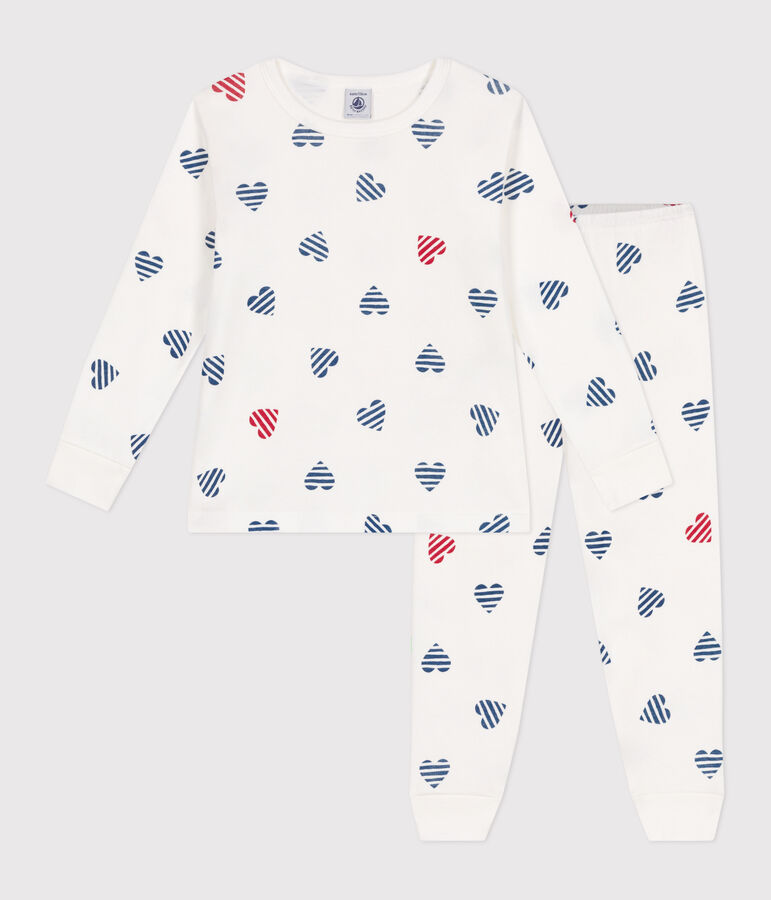 Pyjama enfant en coton manches longues imprim&eacute; c&oelig;urs blanc MARSHMALLOW/blanc MULTICO