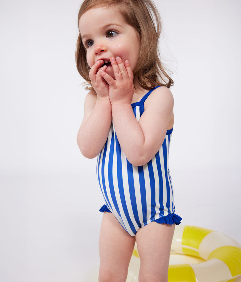Maillot de bain b&eacute;b&eacute; une pi&egrave;ce &agrave; volants, imprim&eacute; ray&eacute; bleu SURF/blanc MARSHMALLOW