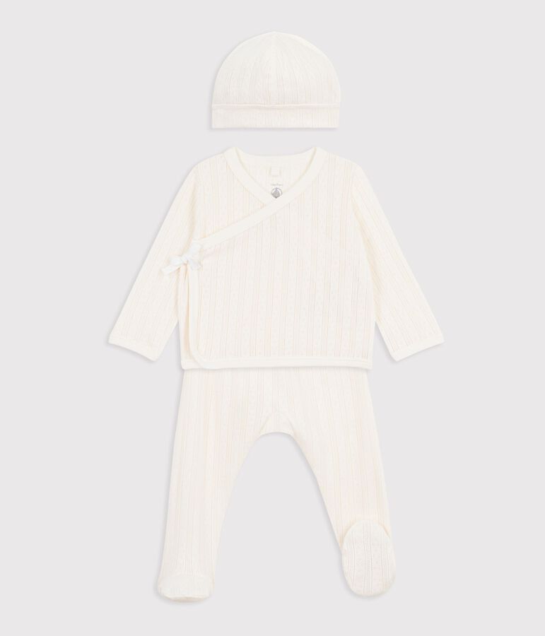 Ensemble long 3 pi&egrave;ces b&eacute;b&eacute; en coton ajour&eacute; et son bonnet &eacute;cru