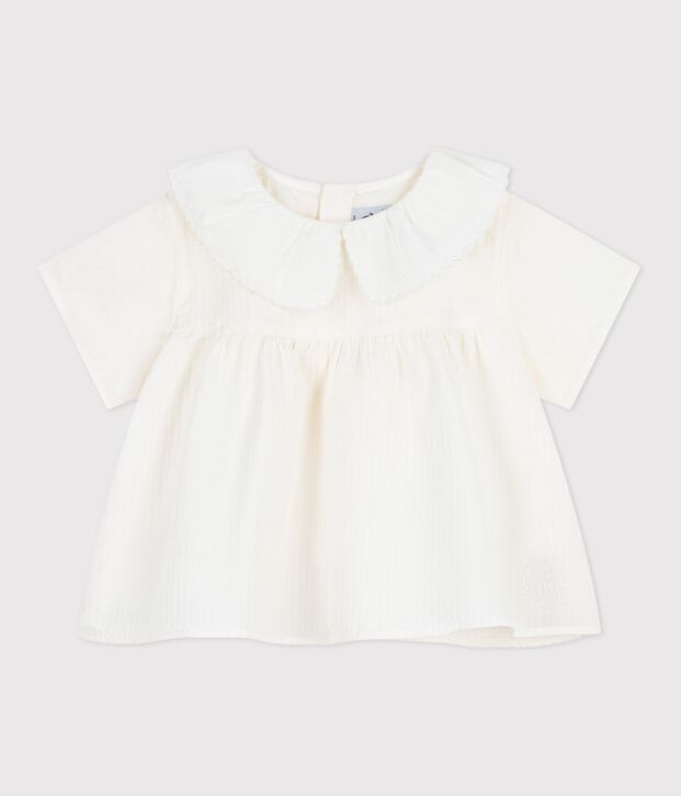 Blouse b&eacute;b&eacute; en popeline de coton manches courtes, unie blanc