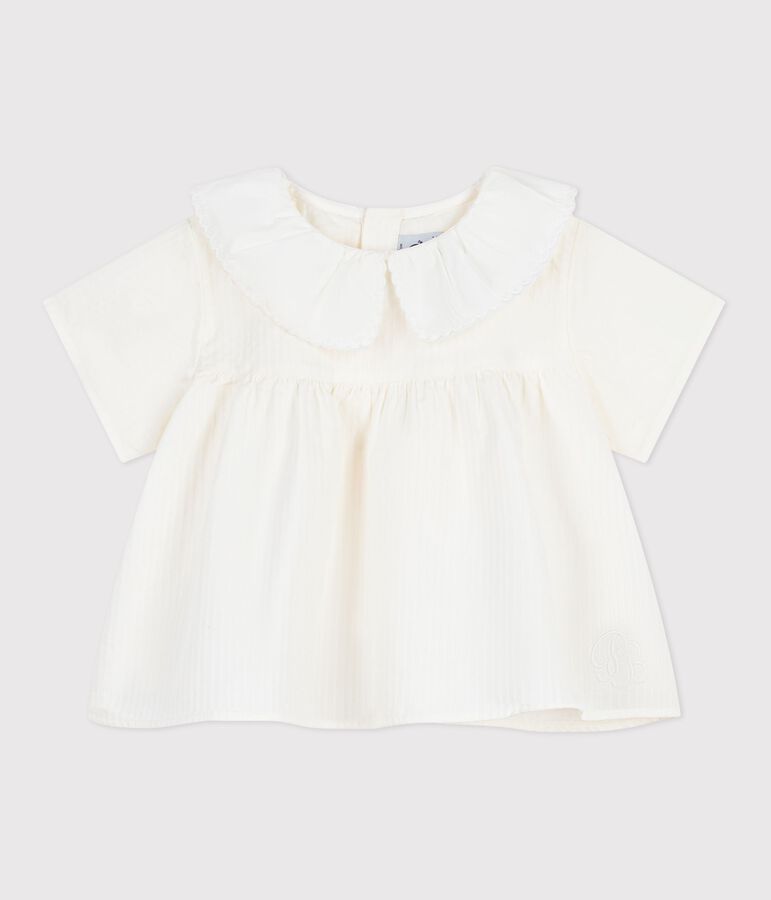 Blouse b&eacute;b&eacute; en popeline de coton manches courtes, unie blanc MARSHMALLOW