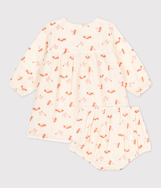 Robe et bloomer bébé imprimés oiseaux en gaze de coton blanc AVALANCHE/ MULTICO