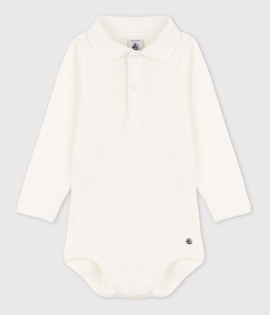Body manches longues bébé col polo en coton blanc MARSHMALLOW