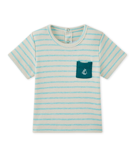 T-shirt bébé garçon manches courtes rayé blanc FETA/vert ADVENTURE