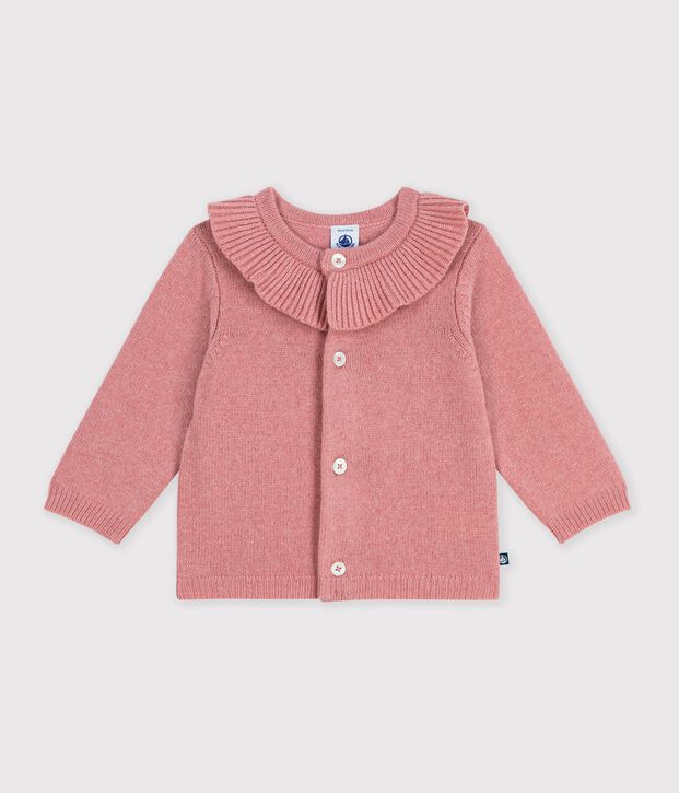 Cardigan b&eacute;b&eacute; en tricot laine et coton uni &agrave; col rose