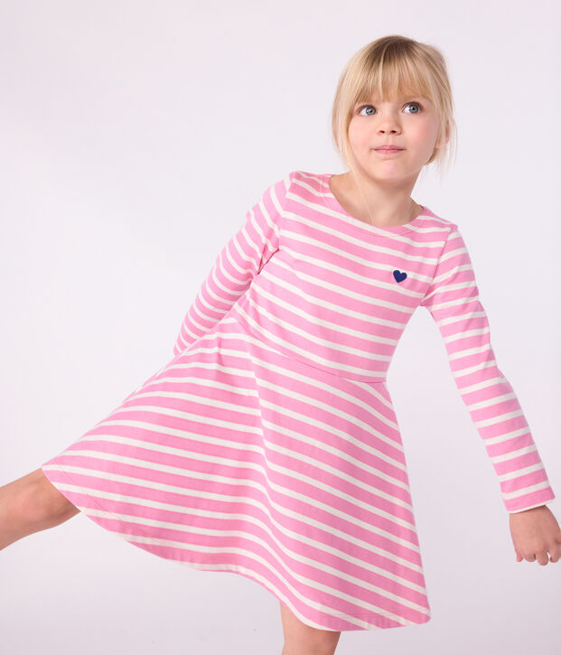 Robe enfant manches longues en coton rose/&eacute;cru