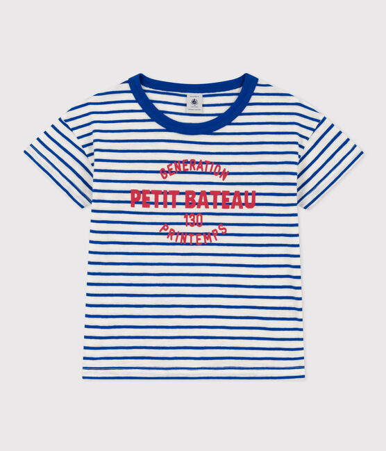 Tee-shirt rayé en coton enfant fille / garçon blanc MARSHMALLOW/bleu PERSE