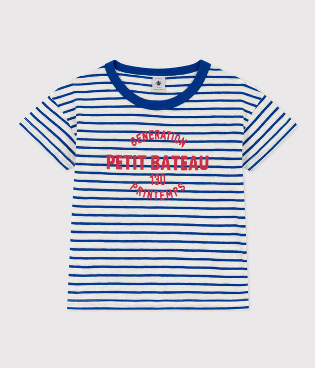 Tee-shirt ray&eacute; en coton enfant fille / gar&ccedil;on blanc/bleu