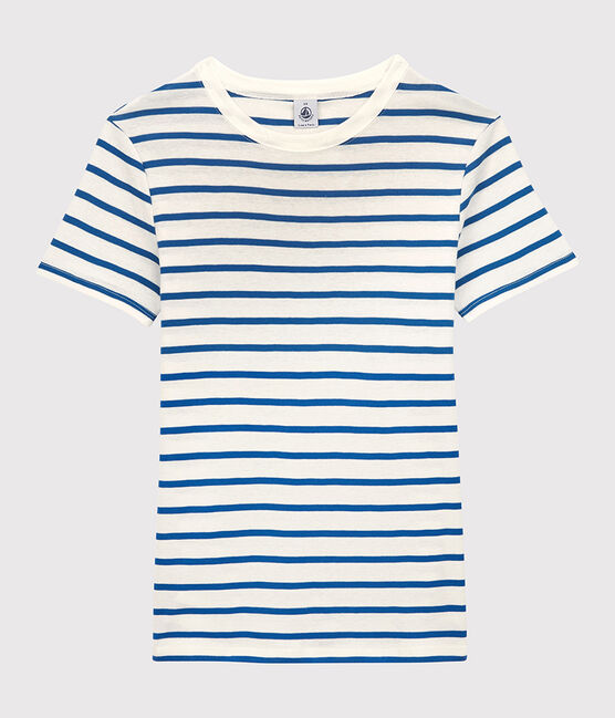 Tee-shirt L'ICONIQUE col rond en coton bio Femme blanc MARSHMALLOW/bleu DELFT