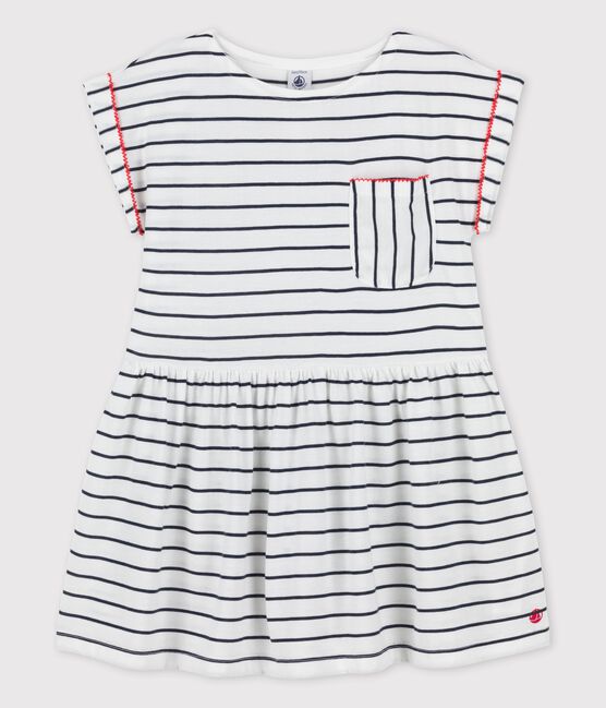 Robe manches courtes en coton enfant fille blanc MARSHMALLOW/bleu SMOKING