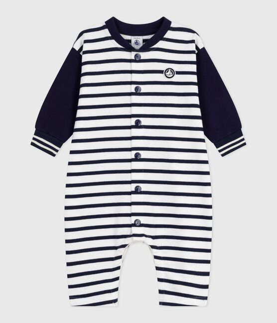 Combinaison longue bébé en coton imprimé rayures marinière blanc MARSHMALLOW/bleu SMOKING