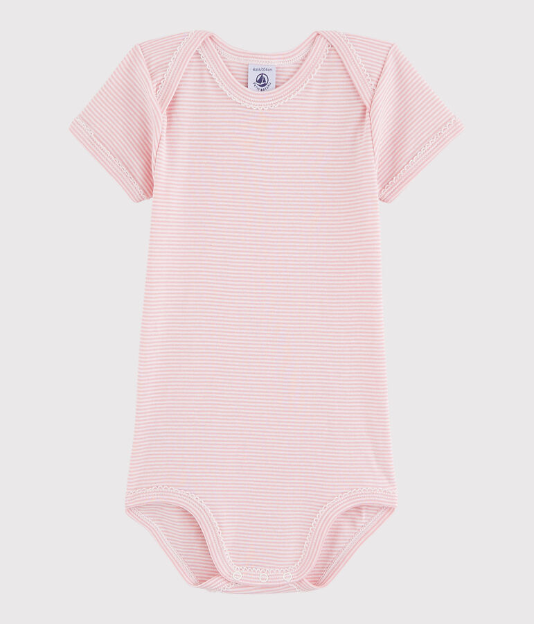 Body manches courtes b&eacute;b&eacute; fille rose CHARME/blanc MARSHMALLOW