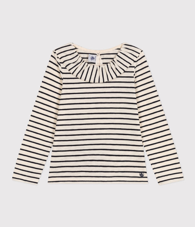 Tee-shirt manches longues en jersey flamm&eacute; enfant fille &eacute;cru/bleu