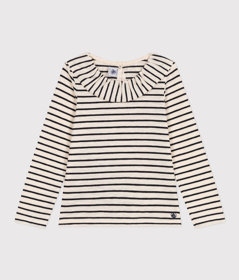 Tee-shirt manches longues en jersey flamm&eacute; enfant fille blanc AVALANCHE/bleu SMOKING