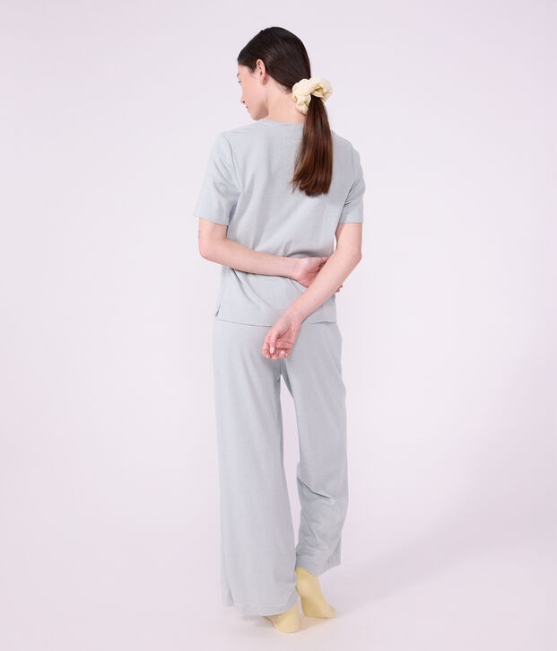 Pyjama femme en coton jambes larges &agrave; rayures gris/blanc