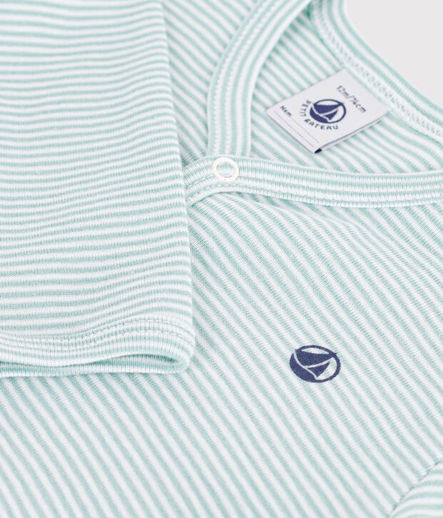 Pyjama b&eacute;b&eacute; en coton &agrave; rayures milleraies vert/blanc