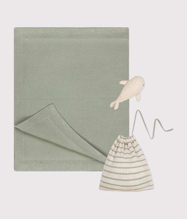 Couverture et doudou en tricot pour b&eacute;b&eacute; vert/blanc
