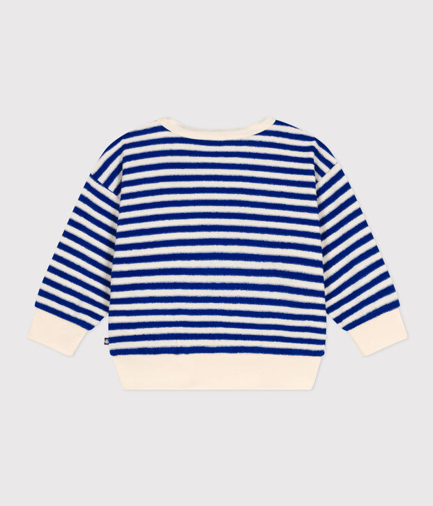 Sweatshirt en bouclette &eacute;ponge b&eacute;b&eacute; bleu/&eacute;cru