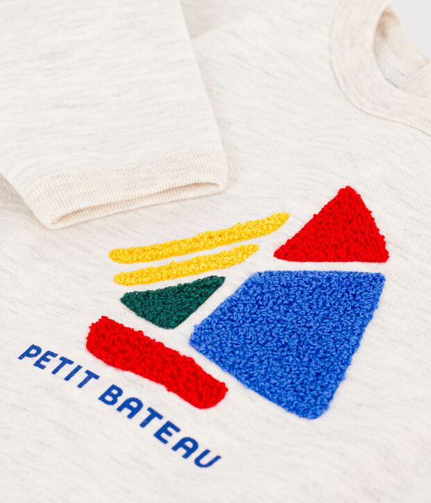 Sweatshirt b&eacute;b&eacute; en coton uni et motif bateau beige chin&eacute;