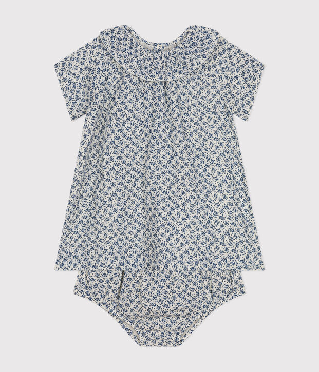 Robe manches courtes et bloomer en gaze de coton b&eacute;b&eacute; &eacute;cru/bleu