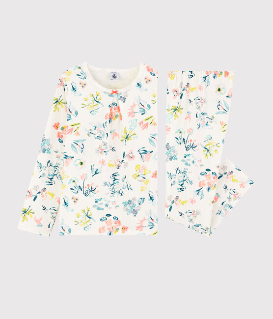 Pyjama fleurs printanières petite fille en tubique blanc MARSHMALLOW/blanc MULTICO