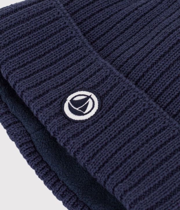 Bonnet en tricot doubl&eacute; en polaire enfant gar&ccedil;on-fille bleu marine