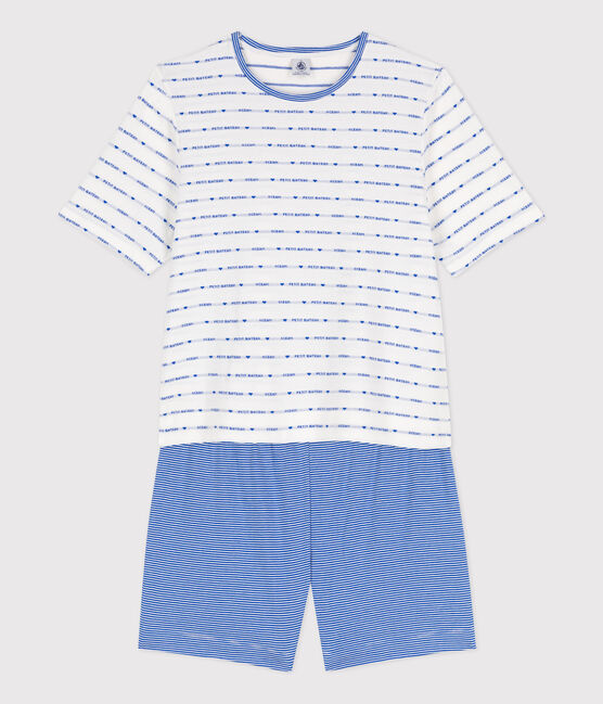 Pyjacourt en coton femme blanc MARSHMALLOW/bleu PERSE