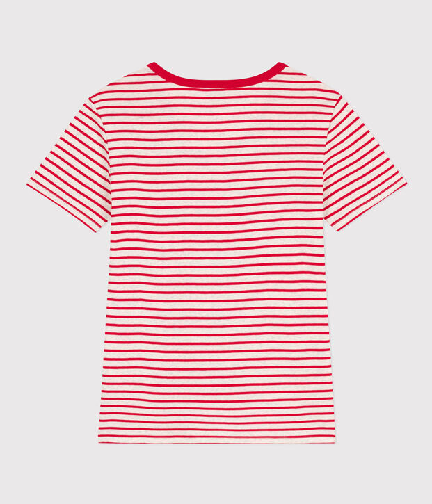 Tee-shirt L'ICONIQUE col V en coton Femme beige/rouge