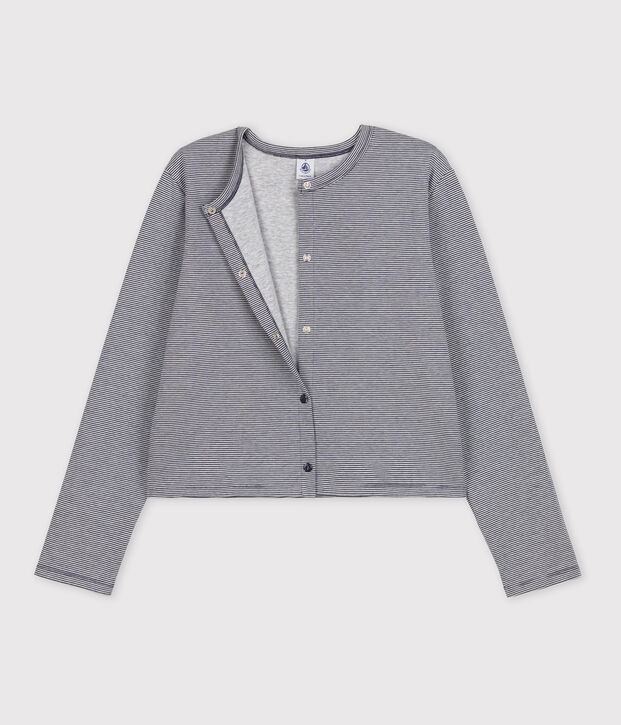 Cardigan &agrave; pressions en coton &eacute;pais Femme bleu/blanc