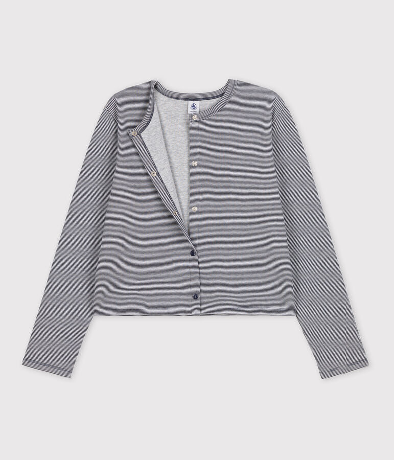 Cardigan &agrave; pressions en coton &eacute;pais Femme bleu/blanc