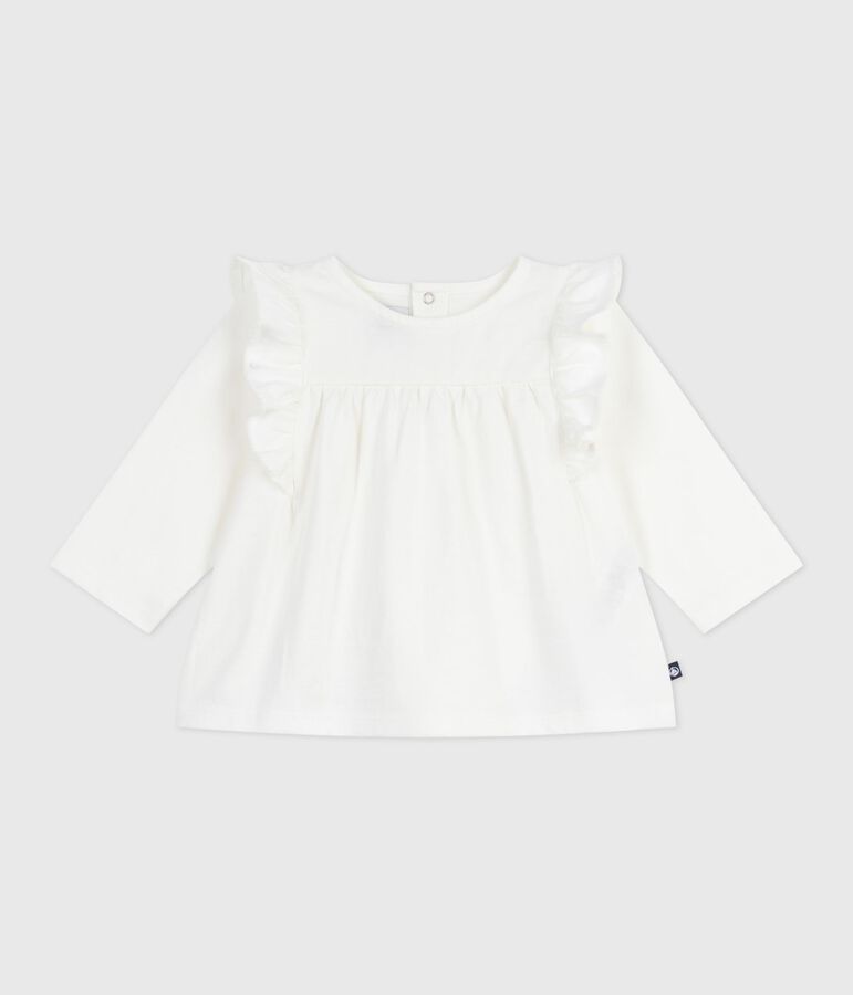 Blouse b&eacute;b&eacute; en coton manches longues, uni blanc MARSHMALLOW