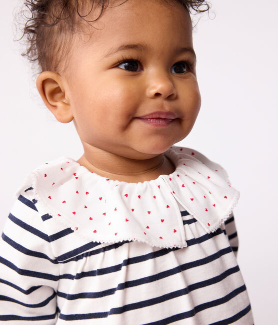 Blouse bébé en coton manches longues, marinière et col cœurs blanc MARSHMALLOW/bleu SMOKING