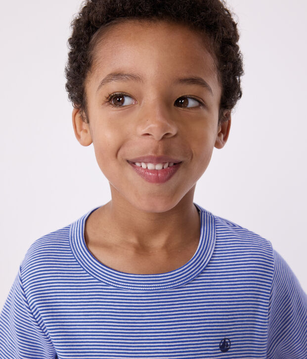 Pyjama short enfant en coton &agrave; rayures bleu/blanc