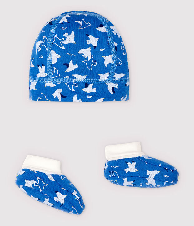 Lot bonnet naissance et chaussons bleus b&eacute;b&eacute; en tubique en coton biologique multicouleur