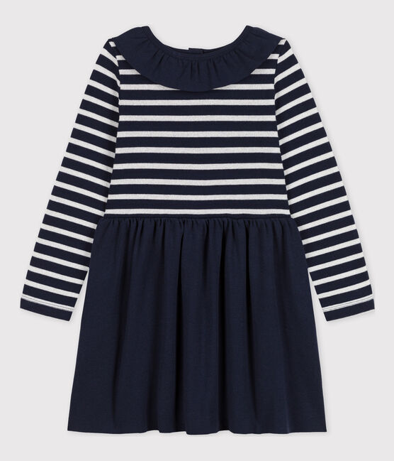 Robe manches longues bimatière enfant fille bleu SMOKING/ ARGENT