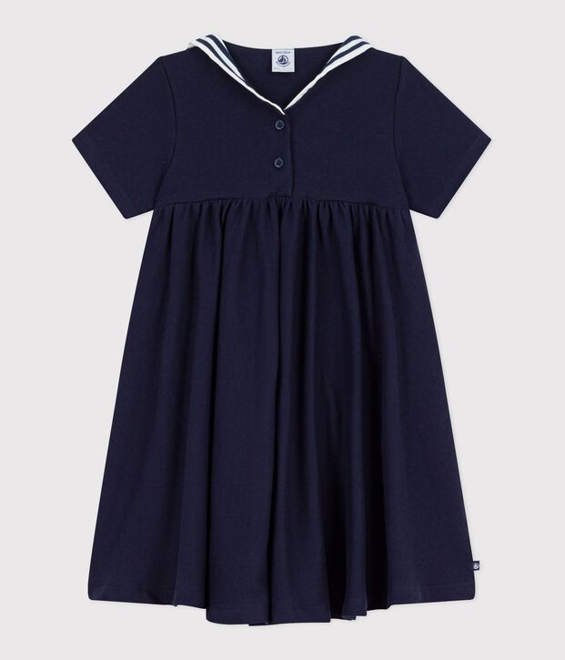 Robe enfant en coton manches courtes unie bleu marine