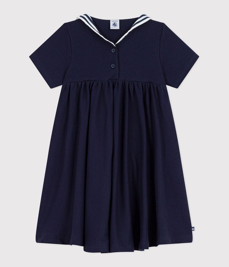 Robe enfant en coton manches courtes unie bleu SMOKING